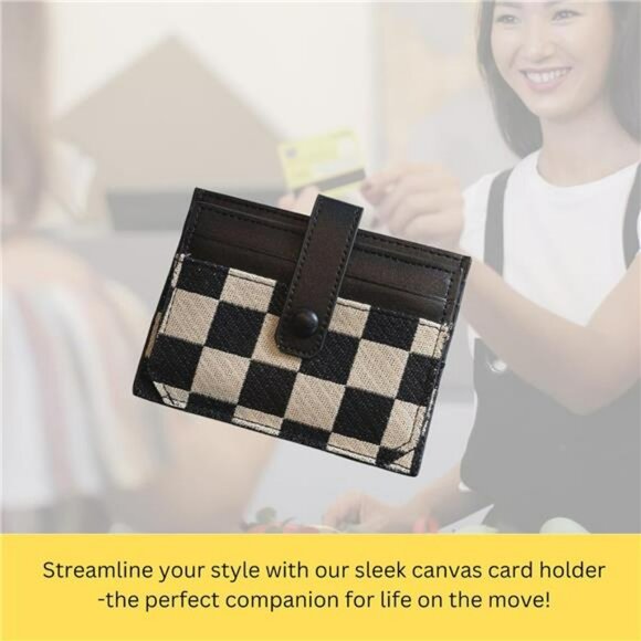 Slim Checkered Wallet for Women Canvas Card Holder with ID Window and Cash Slot - Picture 6 of 7